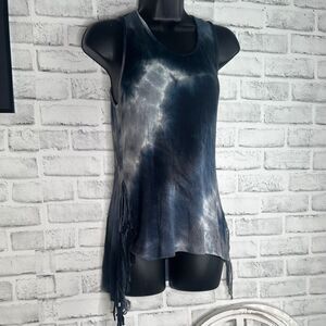 EarthBound Tie-Dye Sleeveless Fringe Top - Black and White Small